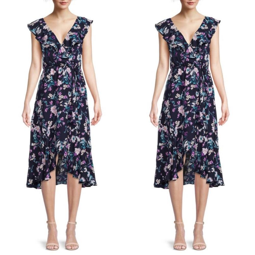 Socialite Navy Floral Ruffle Print Wrap Midi Dress